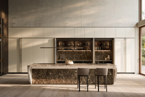 Boffi Cove Kitchen, Insel aus dunklem Marmor mit zwei Barhockern im Showroom