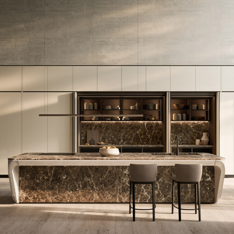 Boffi Cove Kitchen, Insel aus dunklem Marmor mit zwei Barhockern im Showroom