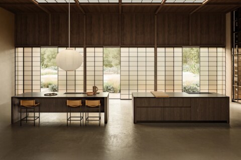 Boffi XPL Küche von Piero Lissoni 2026 — zwei monolithische Inseln mit Shoji-Fenstern, Hero-Aufnahme