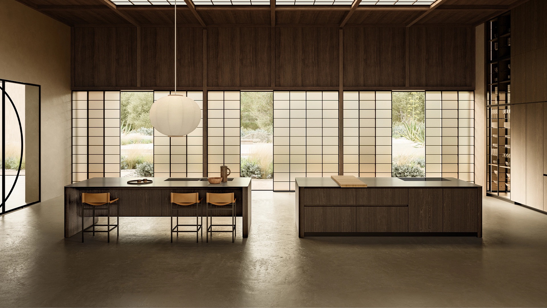 Boffi XPL Küche von Piero Lissoni 2026 — zwei monolithische Inseln mit Shoji-Fenstern, Hero-Aufnahme